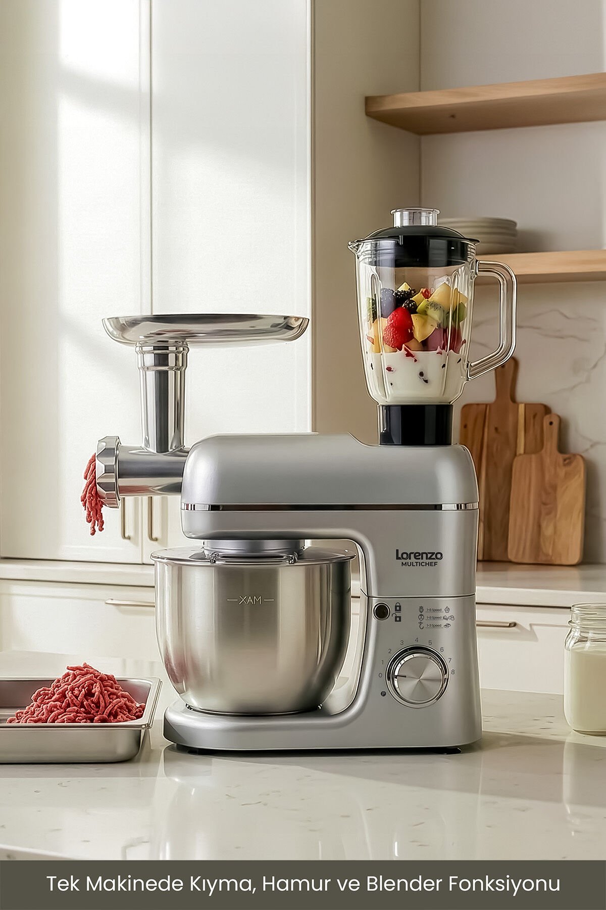 LORENZO MULTICHEF 3 İN 1 HAMUR YOĞURMA BLENDER ET KIYMA MAKİNESİ SİLVER