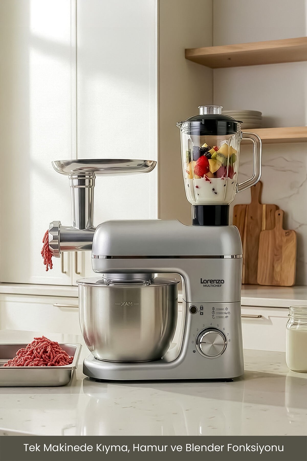 LORENZO MULTICHEF 3 İN 1 HAMUR YOĞURMA BLENDER ET KIYMA MAKİNESİ SİLVER